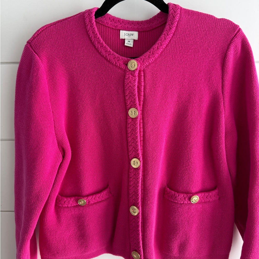 J. Crew Hot Pink Lady Jacket Cardigan with Gold Buttons, Size Medium - Picture 2 of 7